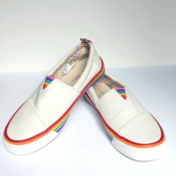 Tom's	 Women's Alpargata Fenix Slip-On White w/ Rainbow Stripes Sz 10 VGUC - Picture 2 of 12
